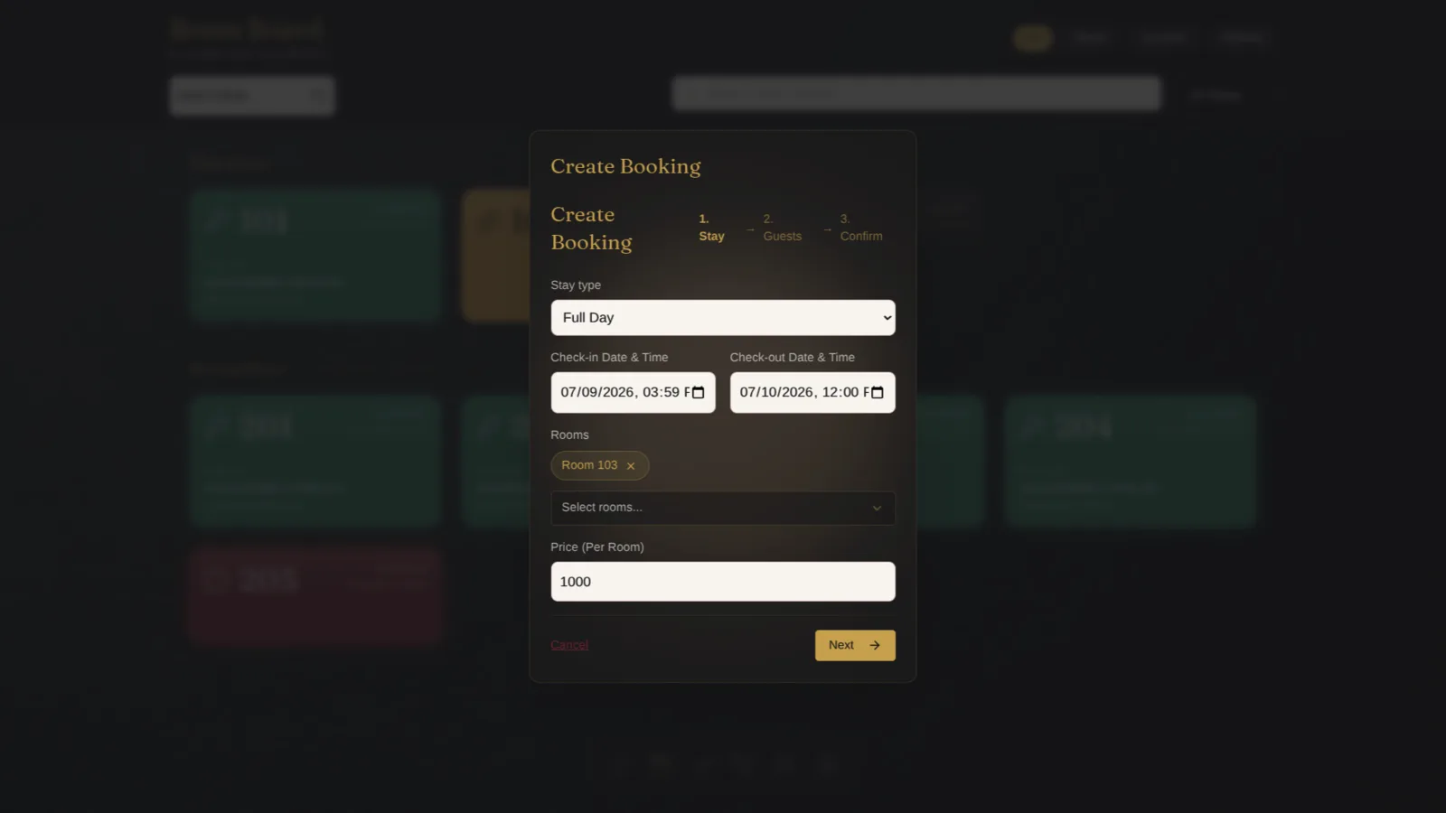 Create booking dialog with stay type, dates, rooms and price