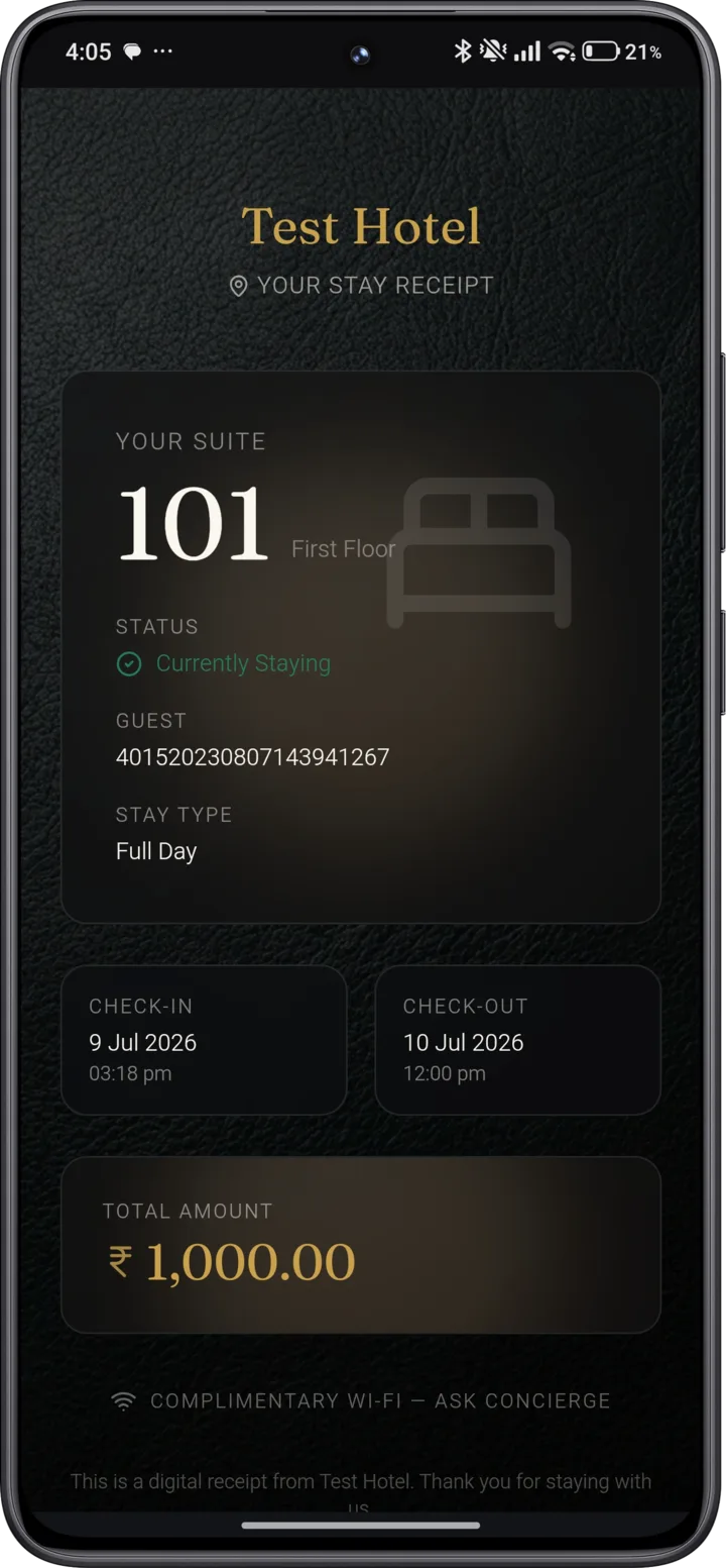 Digital stay receipt for a guest with room, dates, total and WiFi note
