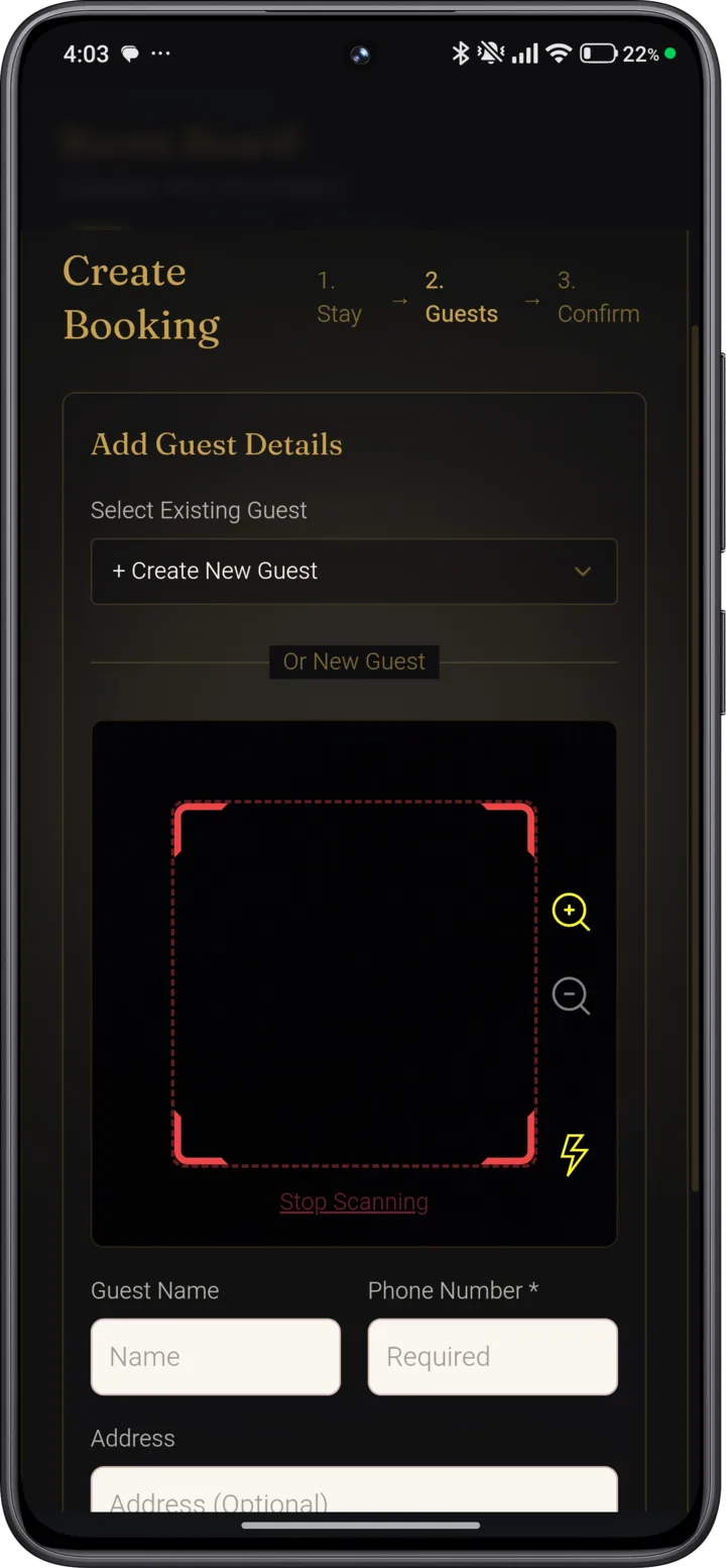 Aadhaar Secure-QR scanner autofilling guest details on a phone